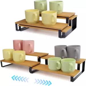 캐비닛용 2단 확장형 커피 머그 홀더 블랙 메탈 대나무 컵 정리함 향신료 차용 주방 카운터 선반 바