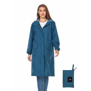 사피로즈 여성용 롱 레인 재킷 방수 경량 후드 레인코트 패커블 무릎 길이