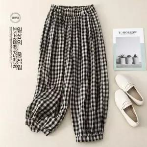 밴널스샵 여친 팬츠 면 캐주얼 면린넨 빅사이즈 조거 마 체크 9부 HO1