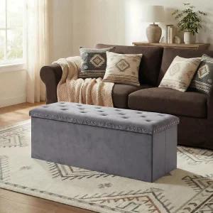 수납 오스만 벤치 43인치 접이식 그레이 벨벳 롱 침실용 43.7인치 L x 15.7인치 W H