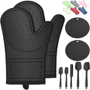 주방 베이킹 요리를 위해 설계된 내열 핫 패드와 5가지 실리콘 주걱이 있는 오븐 장갑 부드러운 면 안감