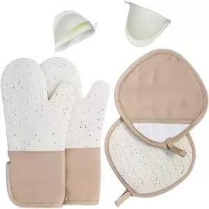 6피스 세트 실리콘 오븐 장갑 요리용 바비큐 미끄럼 방지 부드러운 면 안감 세척 가능 베이킹 베이지