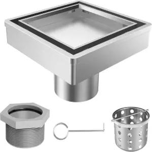 HTOH 4인치 정사각형 샤워 배수구 2in1 타일 욕실용 스테인리스 스틸 바닥 인서트 격자 탈착식 브러시드