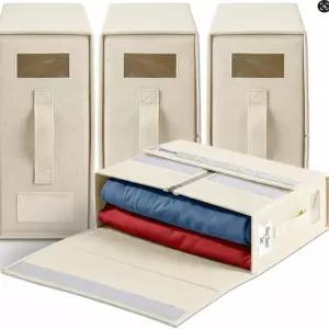 IBRAKIM 침대 시트 정리함 4종 세트 옷장 및 밑을 위한 린넨 보관 담요 이불 보관함 베이지색 접이식 침구