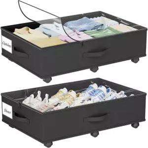 바퀴가 달린 침대 보관함 뚜껑과 손잡이가 투명한 2팩 보관 용기 옷 신발 장난감 책블랙을 위한 롤링 서랍