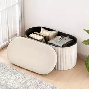 글락시퍼 타원형 수납 오스만 벤치 벨벳 발 받침대 거실용 30인치 접이식 상자 침실 베이지