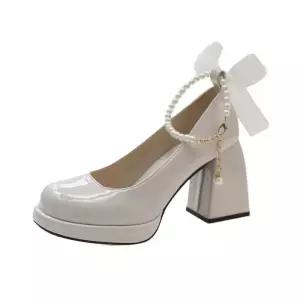 스파이더맨 여친 하이힐 앤티크 진주 리본 슈즈 봄가을 통굽 스위트 힐 싱글 OPH3