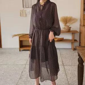 여자 가을하객룩 시스루 쉬폰 리본 캉캉 도트 롱원피스