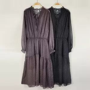 여자 가을하객룩 시스루 쉬폰 리본 캉캉 도트 롱원피스