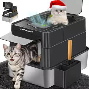 URPOWER 스테인리스 스틸 고양이 쓰레기통 뚜껑 포함 110 플립탑 초대형 밀폐 양면 및 스쿱 냄새 없음 전면