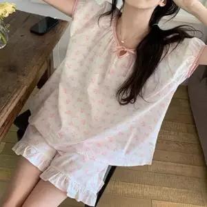 [라일리여성의류] Rly 리본 귀여운 셔링 반팔 반바지 파자마 잠옷 세트