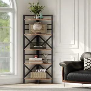 69.3 코너 선반 5단 대형 침실 거실 주방 산업 공학 목재 책장 정리함 러스틱 브라운 및 블랙 TCJ15BF