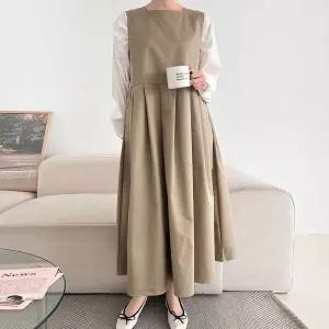 여자 플리츠 스퀘어넥 민소매 박시 가을하객 롱원피스