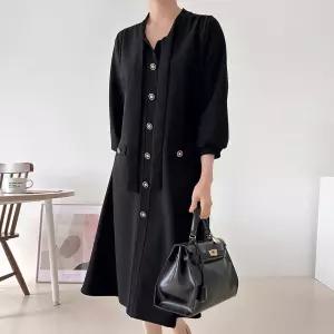 여자 가을하객룩 리본 상견례룩 A라인 단추 롱원피스