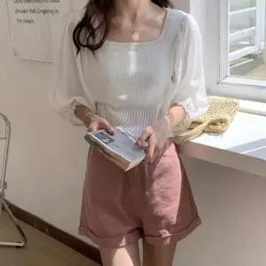 [옷은날개] 쉬폰소매 쉬폰소매반팔 쉬폰 포인트 반팔 니트 스퀘어넥