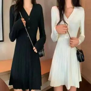 [옷은날개] 여성 V넥 니트 플레어 슬림핏 여리여리 골지 원피스