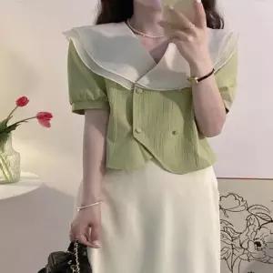 [옷은날개] 여자 사랑스러운 이중 빅카라 레이스 쉬폰 블라우스