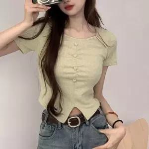 [옷은날개] 하트버튼 골지 반팔 슬림 니트티