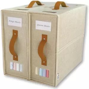 2팩 세트 침대 시트 정리함 PU 가죽 손잡이와 듀얼 라벨이 있는 프리미엄 린넨 보관함 킹/퀸 맞습니다 옷장