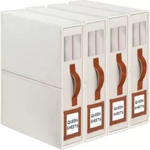 그빈테츠 침대 시트 정리함 및 보관함 4팩퀸 킹 사이즈 창문 라벨이 있는 접이식 가죽 손잡이가 베이지