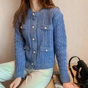 [SBD] 꽈배기 블루 여성봄가을용 라운드넥 가디건