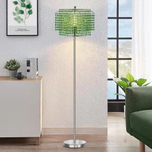 크리스탈 플로어 램프 64인치 높이의 우아한 스탠딩 온오프 풋 스위치 녹색 이중층 그늘이 있는 실버 침실