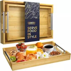 은색 스테인리스 스틸 손잡이가 있는 컴파이 장식 대나무 서빙 트레이 - 커피 테이블용 2피스 세트 오스만