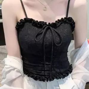 [라일리여성의류] Rly 리본 주름 레이스 셔링 크롭 끈나시 나시탑