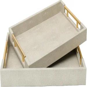 스왈로우리빙 골드 폴리싱 메탈 손잡이가 있는 샤그린 서빙 트레이 2종 세트 보리 우드 장식 PU 가죽