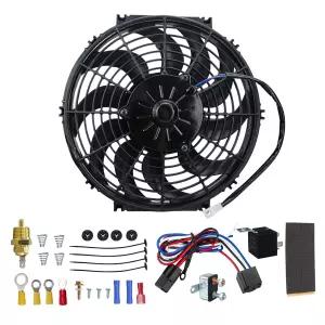 PRUNkuar 12인치 전기 라디에이터 냉각 팬 CFM 온도 조절기 배선 스위치 릴레이 키트 블랙