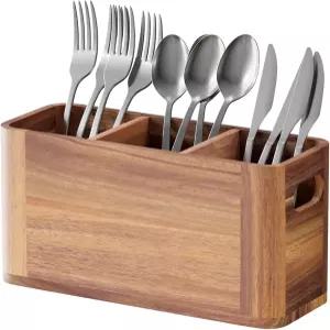 야오이지 실버웨어 홀더 아카시아 우드 식기 파티용 정리함 카운터탑 피크닉 캐디 캠핑