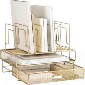 블루 모나코 분리 가능한 파일 정리함 적재 종이 트레이 및 보관 서랍이 있는 골드 데스크 세트 여성