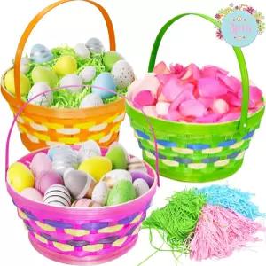 파티용 부활절 격자무늬 바구니 3팩 달걀 사냥 보관 피크닉 장식을 위한 접이식 손잡이가 있는 둥근 직조