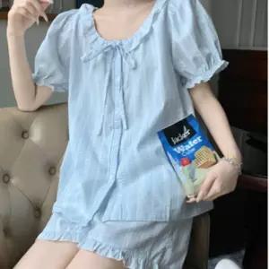 [라일리여성의류] Rly 리본 셔링 반팔 블라우스 반바지 여름 잠옷 세트