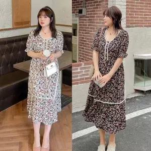 플라워 라운드넥 팔끝 셔링 라운드 반팔 롱원피스