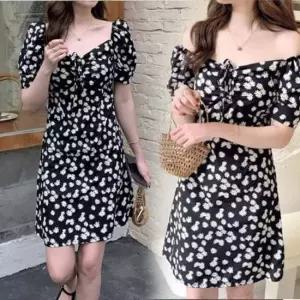 야름 시원한 여성 플라워 패턴 오프숄더 미니 원피스