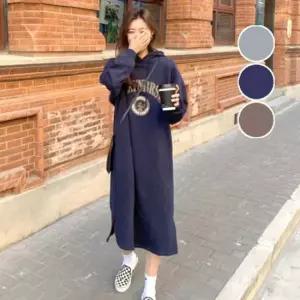 겨울 따듯한 여성 절개 기모 루즈핏 후드 롱 원피스