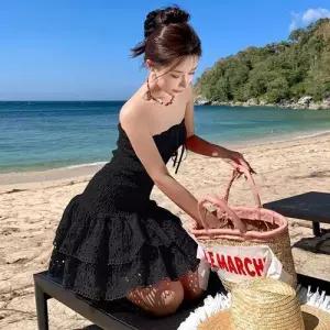 스파이더맨 스커트 원피스 미니 쇼트 A라인 해변휴가 허리밴딩 어깨 자수밑단 튜브톱 노출 해변바캉스 프릴