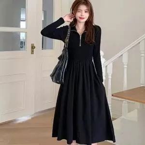 여성 블랙 반집업 투피스 롱 원피스 A라인 플리츠