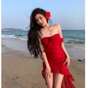 스파이더맨 치마 원피스 롱 여름 프릴 프렌치 바캉스 언발란스 드레이프 쉬폰 드레스 여성원피스 OPH5