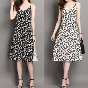 예쁜 플라워 무늬 끈나시 A라인 여친룩 데일리 원피스