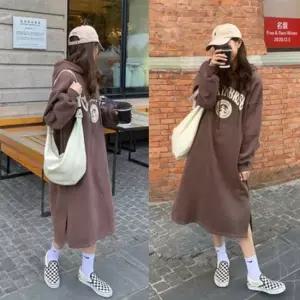 봄 겨울 루즈핏 기모 후드 롱원피스 레터링 하단트임