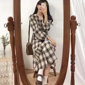 데일리 여성 클래식 캐주얼 브이넥 체크셔츠 롱원피스