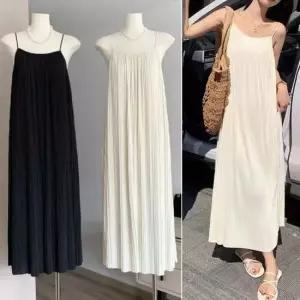 여성 우아한 실루엣 여름 플리츠 여성끈나시 롱원피스