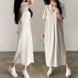 브이넷 셔츠형 단정한 카라 허리스트랩 롱치마 원피스