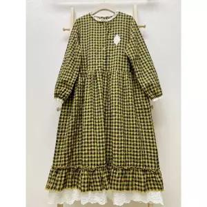 스파이더맨 원피스 빈티지 가을 긴팔 자수 체크 프릴 롱스커트 루즈핏 컨트리풍 여성원피스 면마 OPH3