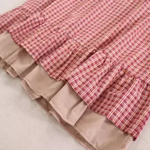 스파이더맨 원피스 면 가을 여성원피스 체크 라운드카라 긴팔 린넨 프릴 롱스커트 OPH3