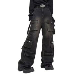 남성용 허그붐 배기 카고 팬츠 여성 와이드 레그 진 Y2K 힙합 하이 웨이스트 캐주얼 스트리트웨어 그룬지 의류 블랙