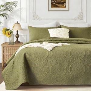 WURIBO 올리브 그린 퀼트 세트 침대 (퀼트 얇은 사계절용 / 커버릿, 통기성 리버서블 침구 극세사 엠보싱 베개 라이트웨이트 2개) 킹 1개, 사이즈, 칼 스프레드,