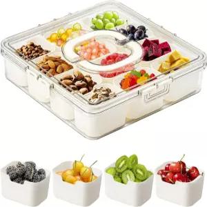 큰 스낵 상자 용기 뚜껑과 손잡이가 있는 분할 서빙 트레이 12칸 휴대용 과일 캔디 견과류를 위한 투명